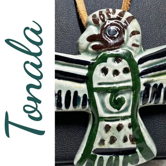 Vintage Signed Tonala Mexico Ceramic Thunderbird Pendant Necklace Folk Art - Picture 3 of 8